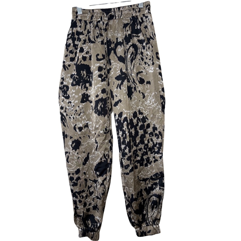 Glam Womens Abstract Ikat Print Jogger Pants Tan Black Elastic Waist Small